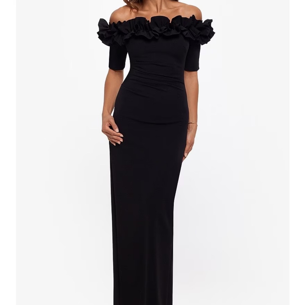 Xscape long over shoulder ruffle dress.